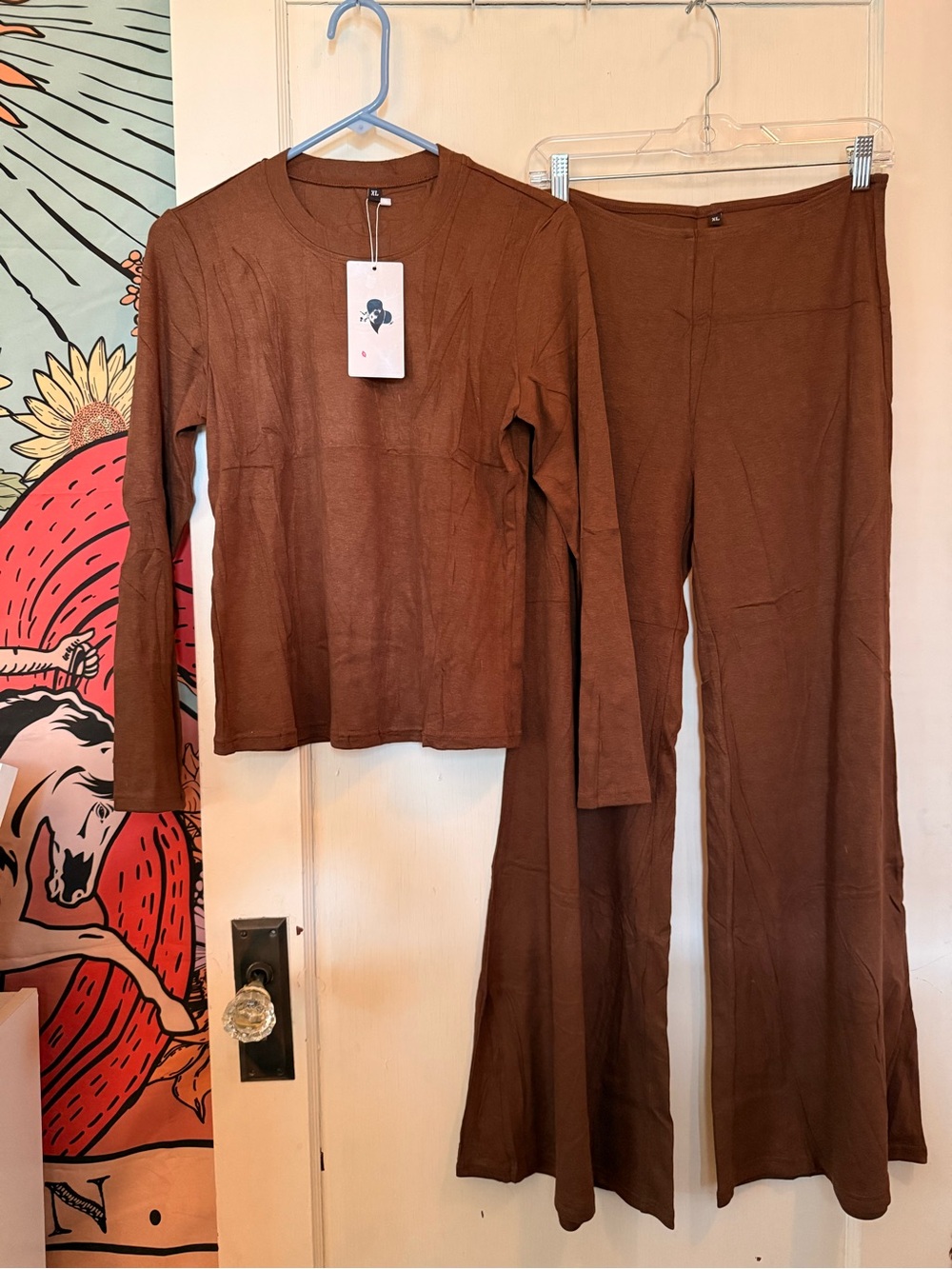 Women's Brown Two-Piece Knit Set - Long Sleeve Top & Flared Pants